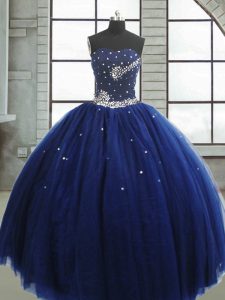 Navy Blue Lace Up Sweetheart Beading Sweet 16 Quinceanera Dress Tulle Sleeveless
