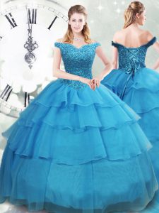 Deluxe Brush Train Ball Gowns Sweet 16 Dresses Baby Blue Off The Shoulder Organza Sleeveless Lace Up