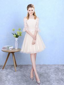 Beautiful Off The Shoulder Half Sleeves Lace Up Bridesmaid Dress Champagne Tulle
