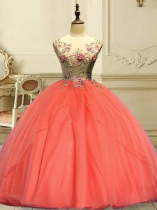 New Arrival Orange Red Organza Lace Up Sweet 16 Quinceanera Dress Sleeveless Floor Length Appliques