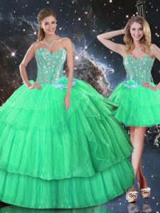 High End Organza Sleeveless Floor Length Sweet 16 Dress and Ruffled Layers and Sequins