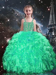 Wonderful Apple Green Lace Up Spaghetti Straps Beading and Ruffles Little Girls Pageant Dress Wholesale Organza Sleevele