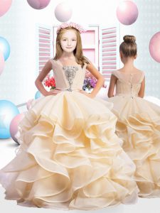 High Class Champagne Straps Neckline Beading and Ruffles Little Girl Pageant Dress Sleeveless Lace Up