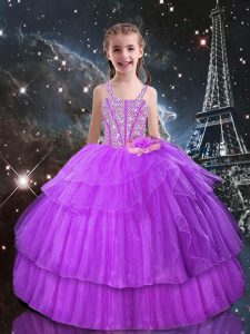 Lilac Ball Gowns Straps Sleeveless Organza Floor Length Lace Up Beading and Ruffled Layers Pageant Dress Wholesale