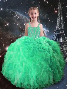 Ball Gowns Pageant Dress for Teens Apple Green Straps Organza Sleeveless Floor Length Lace Up