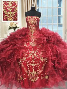 Traditional Appliques and Ruffles Quinceanera Gowns Wine Red Lace Up Sleeveless Floor Length