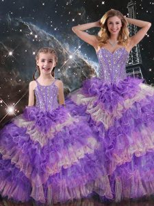 Multi-color Sweetheart Lace Up Beading and Ruffled Layers and Sequins Vestidos de Quinceanera Sleeveless