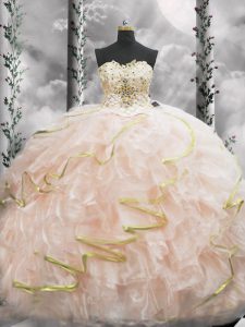 Peach Ball Gowns Sweetheart Sleeveless Organza Brush Train Lace Up Beading and Ruffles Quinceanera Dress
