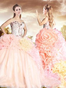 Pink Sleeveless Brush Train Beading and Pick Ups 15th Birthday Dress