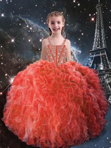 Organza Straps Sleeveless Lace Up Beading and Ruffles Pageant Dress for Girls in Coral Red