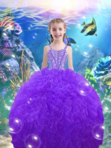 Eggplant Purple Straps Lace Up Beading and Ruffles Girls Pageant Dresses Sleeveless