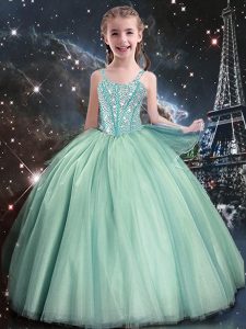 Straps Sleeveless Little Girls Pageant Gowns Floor Length Beading Turquoise Tulle