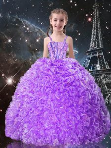 Floor Length Lace Up Pageant Dress Lilac for Quinceanera and Wedding Party with Beading and Ruffles