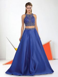 Royal Blue Prom Gown Prom and Party with Beading Scoop Sleeveless Backless