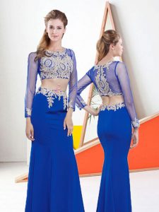 Traditional Royal Blue Two Pieces Elastic Woven Satin Scoop Long Sleeves Appliques and Embroidery Floor Length Zipper Ev