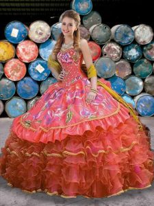 Colorful Organza Sleeveless Floor Length Ball Gown Prom Dress and Beading and Embroidery and Ruffles and Ruffled Layers