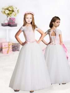 Lovely Floor Length Lace Up Flower Girl Dresses Pink And White for Party with Lace and Bowknot