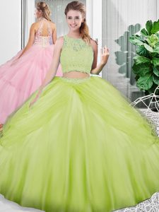 Fine Sleeveless Lace Up Floor Length Lace and Ruching 15th Birthday Dress