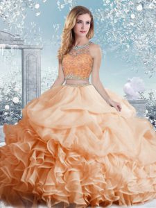 Beautiful Peach Organza Clasp Handle Ball Gown Prom Dress Sleeveless Floor Length Beading and Ruffles and Pick Ups