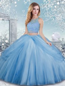 Suitable Baby Blue Tulle Clasp Handle Scoop Sleeveless Floor Length Quinceanera Gowns Beading