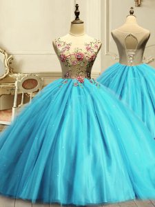 Charming Aqua Blue Scoop Lace Up Appliques and Sequins 15 Quinceanera Dress Sleeveless