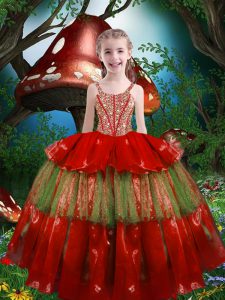 Floor Length Lace Up Kids Formal Wear Red for Quinceanera and Wedding Party with Beading and Ruffled Layers