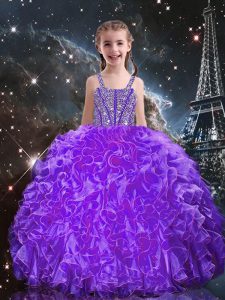 Eggplant Purple Sleeveless Floor Length Beading and Ruffles Lace Up High School Pageant Dress