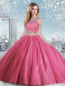 Shining Scoop Sleeveless Sweet 16 Quinceanera Dress Floor Length Beading and Sequins Hot Pink Tulle