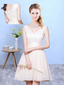 Modern Champagne Lace Up Wedding Party Dress Ruching Sleeveless Knee Length