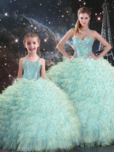 Light Blue Quinceanera Dress Military Ball and Sweet 16 and Quinceanera with Beading and Ruffles Sweetheart Sleeveless L
