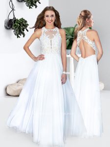 Floor Length Backless Dress for Prom White for Prom and Party with Lace