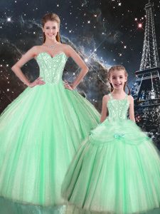 Sleeveless Floor Length Beading Lace Up Quinceanera Gown with Apple Green