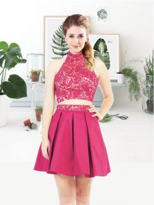 Simple Mini Length Hot Pink Prom Dresses Satin Sleeveless Lace