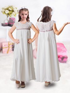 Glittering White Chiffon Clasp Handle Flower Girl Dresses for Less Sleeveless Tea Length Lace