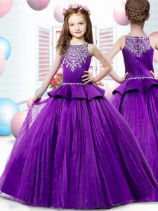 Sleeveless Floor Length Beading Zipper Kids Pageant Dress with Eggplant Purple