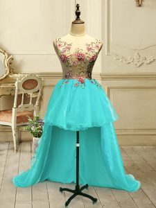 Cute Aqua Blue Ball Gowns Embroidery Prom Evening Gown Lace Up Organza Sleeveless High Low