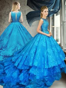 Exceptional Lace Sleeveless Sweet 16 Quinceanera Dress Court Train and Beading and Ruffled Layers