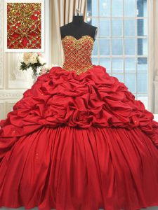 Fantastic Red Lace Up Ball Gown Prom Dress Beading and Pick Ups Sleeveless Brush Train