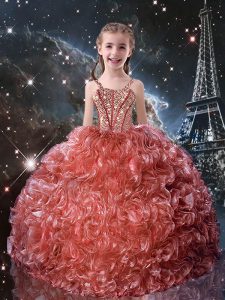 Straps Sleeveless Little Girls Pageant Dress Floor Length Beading and Ruffles Watermelon Red Organza