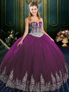 Romantic Fuchsia Ball Gowns Sweetheart Sleeveless Tulle Floor Length Lace Up Appliques Vestidos de Quinceanera