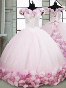 Sleeveless Brush Train Lace Up Hand Made Flower Quinceanera Gowns