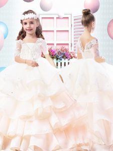Custom Design Beading and Lace and Ruffled Layers Girls Pageant Dresses Champagne Lace Up Short Sleeves Brush Train