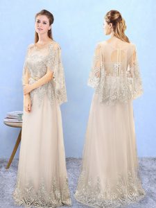 Sexy Half Sleeves Lace Up Floor Length Beading and Appliques Bridesmaids Dress