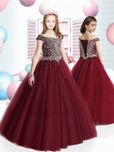 Burgundy Off The Shoulder Lace Up Beading Kids Pageant Dress Cap Sleeves