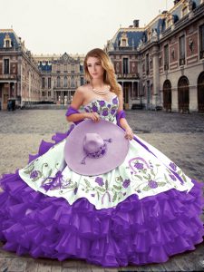 Lavender Ball Gowns Embroidery and Ruffled Layers Vestidos de Quinceanera Lace Up Organza Sleeveless Floor Length