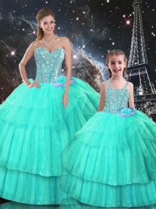 Turquoise Sleeveless Floor Length Ruffled Layers Lace Up Sweet 16 Quinceanera Dress