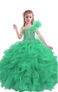 One Shoulder Sleeveless Lace Up Custom Made Pageant Dress Apple Green Organza