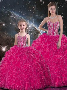 Fine Hot Pink Quinceanera Dress Military Ball and Sweet 16 and Quinceanera with Beading and Ruffles Sweetheart Sleeveles