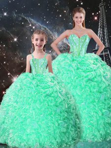 Unique Sleeveless Organza Floor Length Lace Up Sweet 16 Dresses in Apple Green with Beading and Ruffles