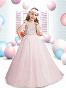 Cap Sleeves Beading Lace Up Child Pageant Dress